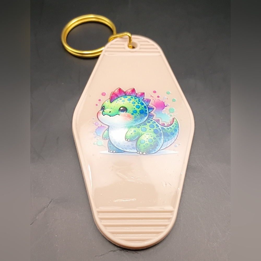 Handmade Retro Motel Keychain Chubby Green Dinosaur UV Resin DTF Sticker